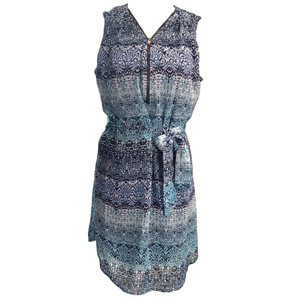 IZ Byer Blue Sleeveless Zipper Tunic Dress LG Classy Sundress Tie Waist Coastal